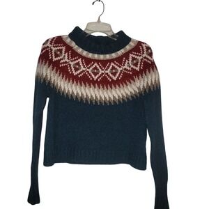 Fair Isle‎ Mock Neck Sweater Pullover Knit Teal Burgundy Cream Size M